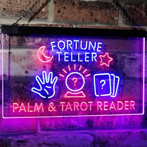 Neon fortune teller sign at Psychic Readings by Michael in Huntsville, Alabama — palm and tarot reader